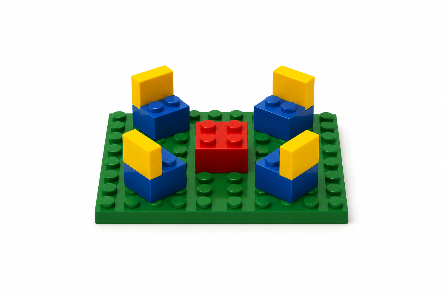 LEGO gathering space with blue and yellow seats around a central red element
