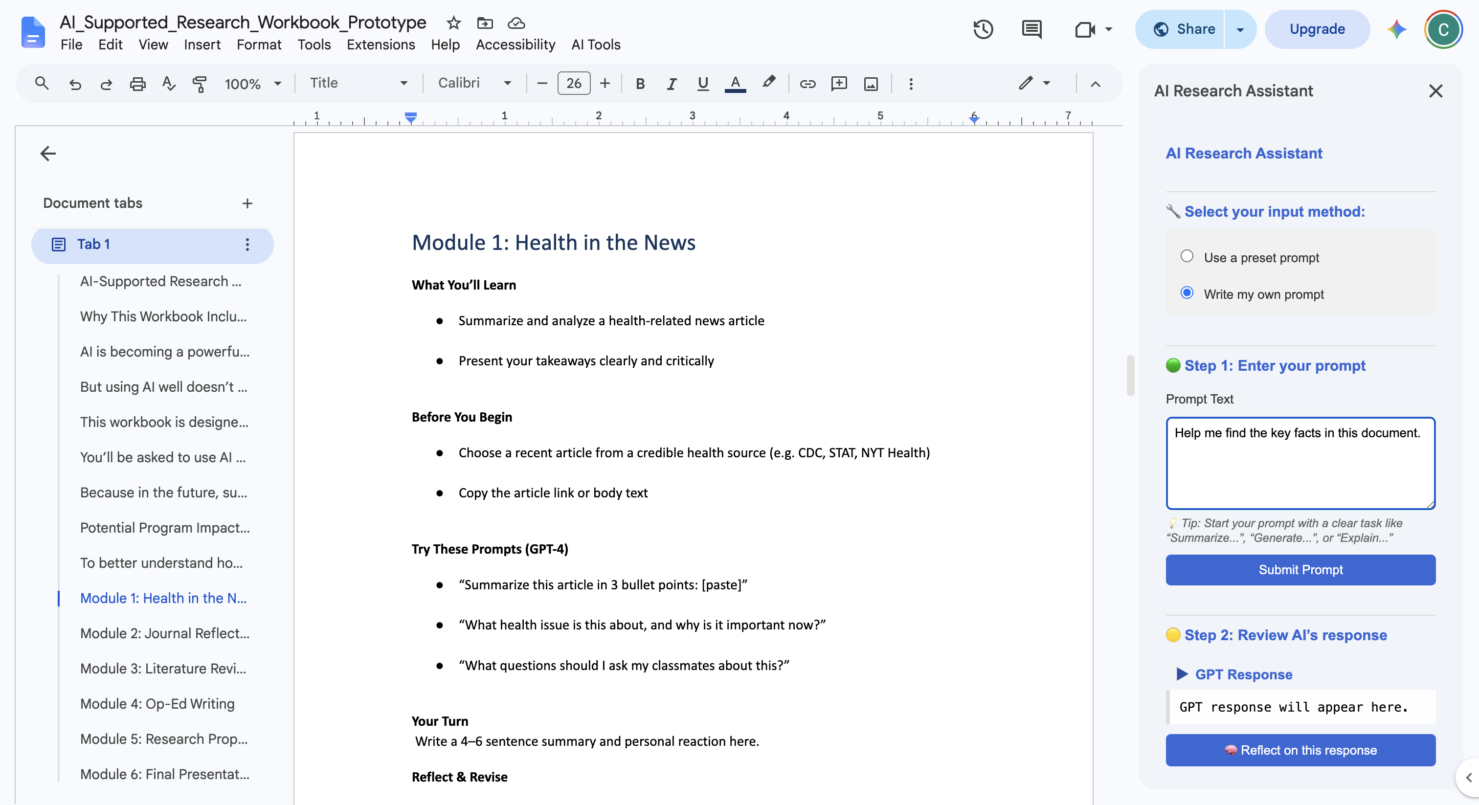 ResearchBridge Google Docs sidebar prototype beside a student document