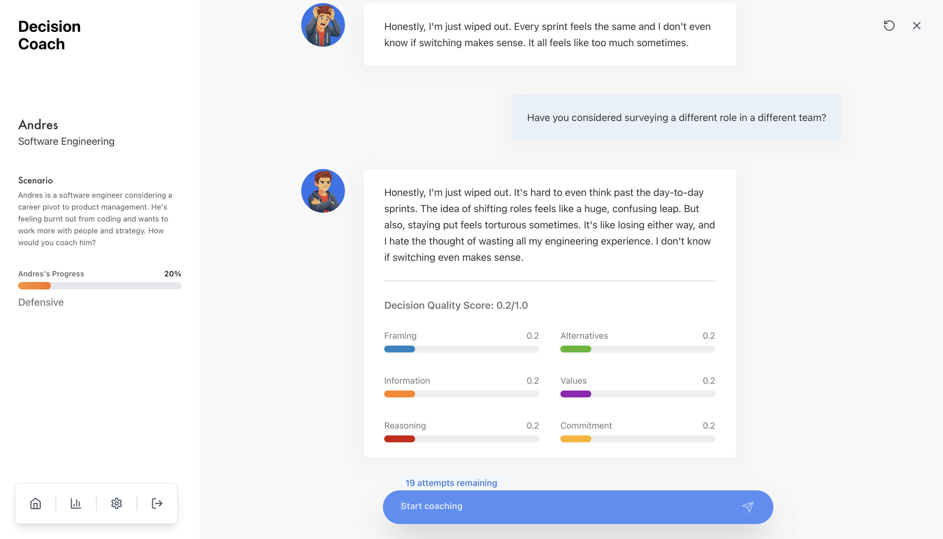 Decision Coach interface showing the Jamie persona and per-turn DQ scoring